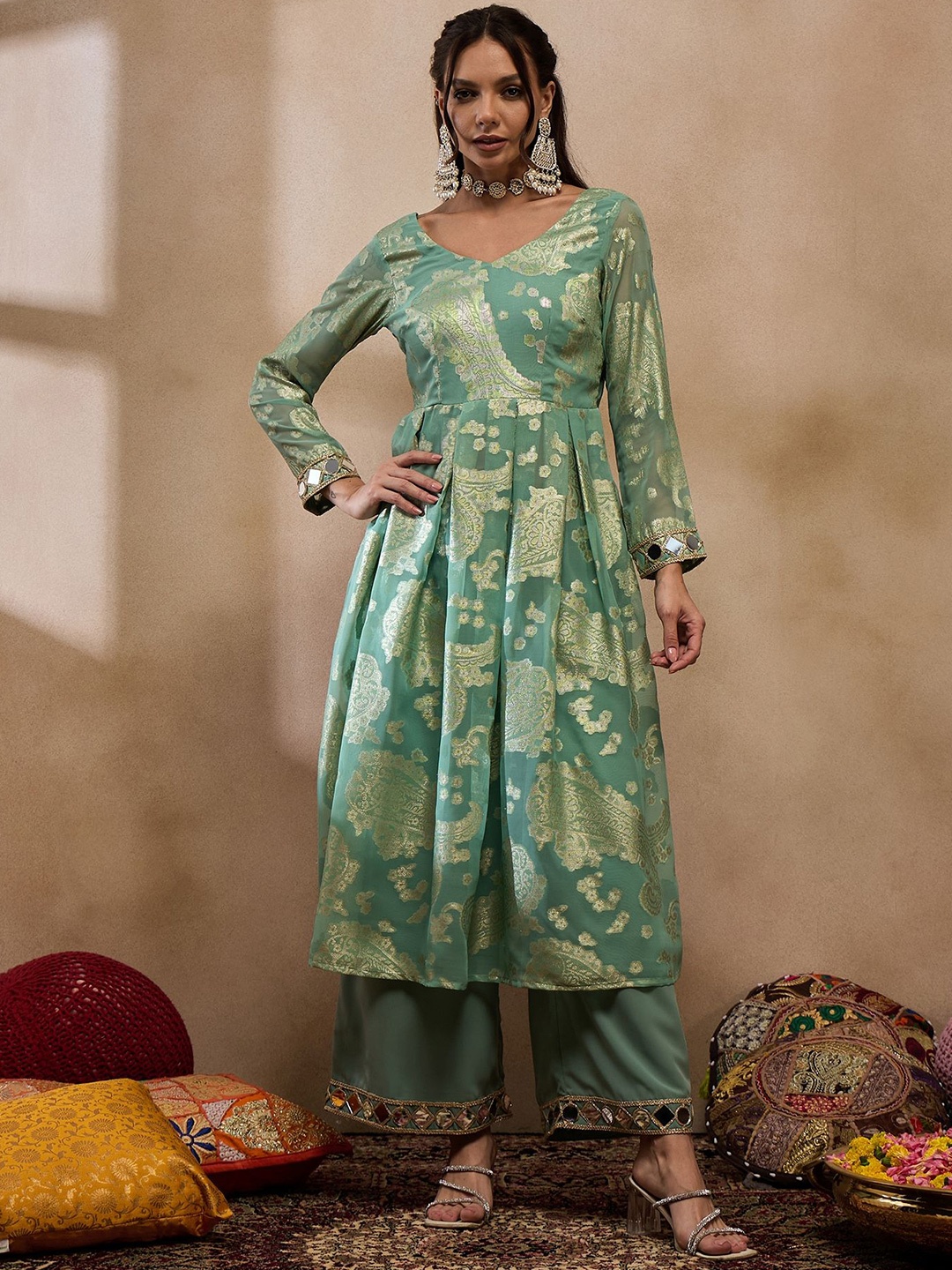 

MABISH by Sonal Jain Woven Design Pleated Mirror Work Jacquard Anarkali Kurta With Palazzo, Sea green