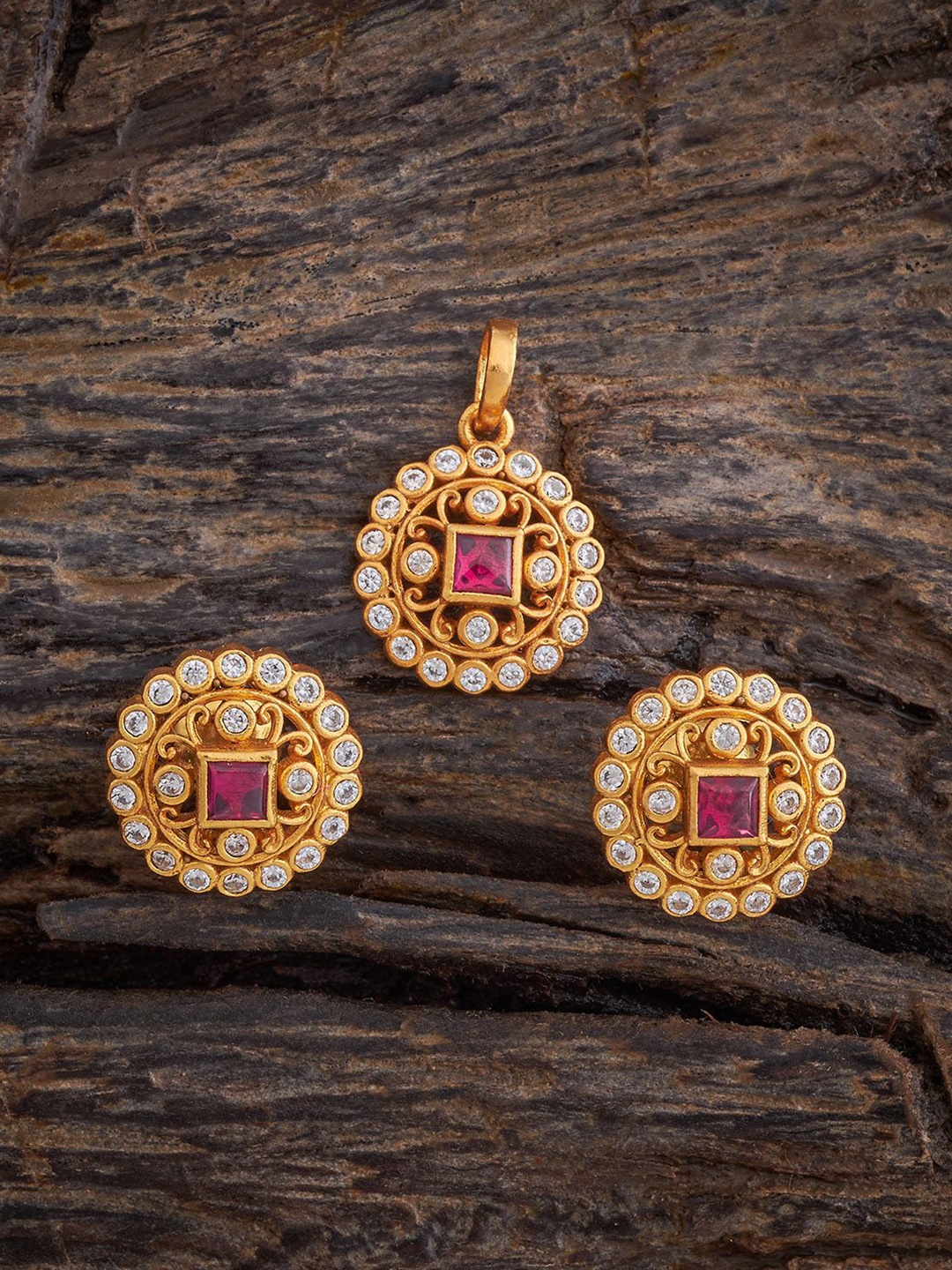 

Kushal's Fashion Jewellery 92.5 Pure Silver Gold-Plated Stone Studded Pendant and Earrings