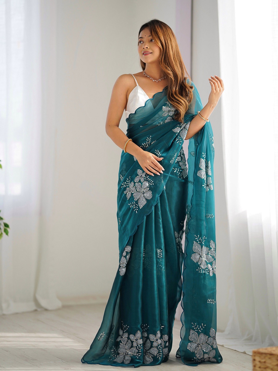 

KSM PRINTS Floral Sequinned Satin Saree, Teal