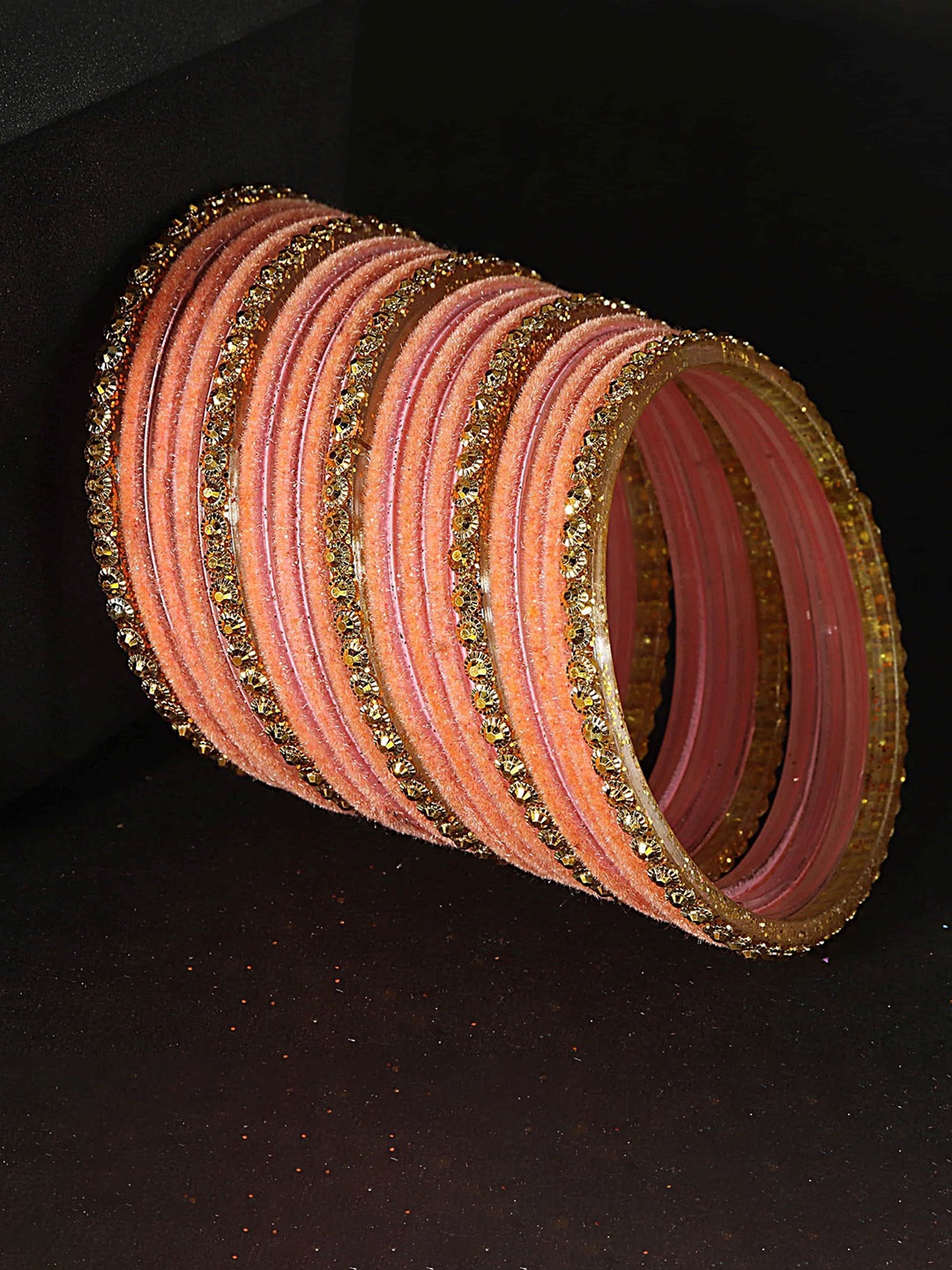 

ZULKA Set of 34 Alloy Artificial Stones and Beads Studded Velvet Bangles, Pink