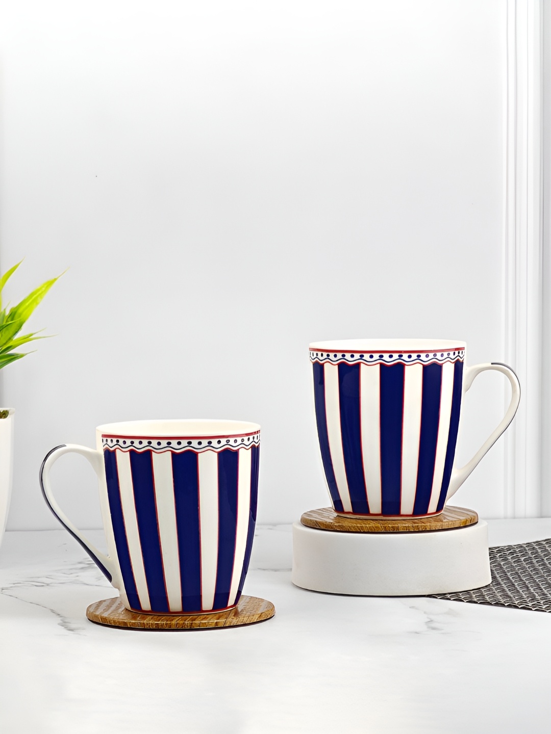 

UPC White & Navy Blue 2 Pieces Striped Printed Dishwasher Safe Ceramic Glossy Mugs