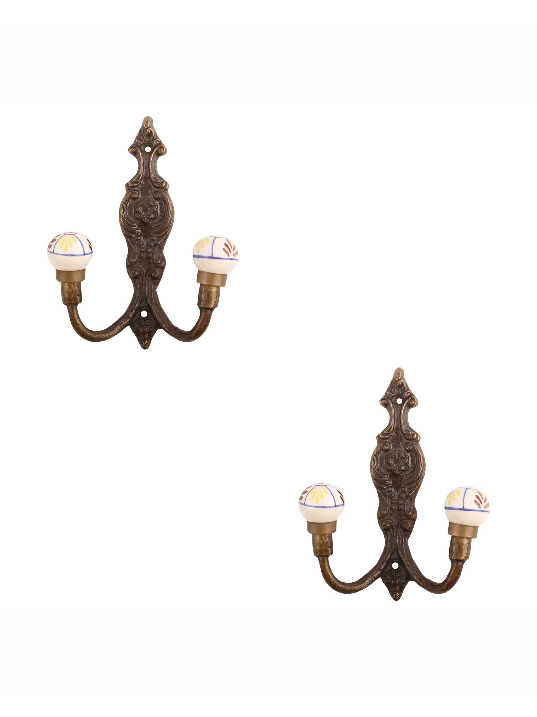 

IndianShelf Cream Colored & Brown 2 Pieces Floral Printed Ceramic Wall Hooks