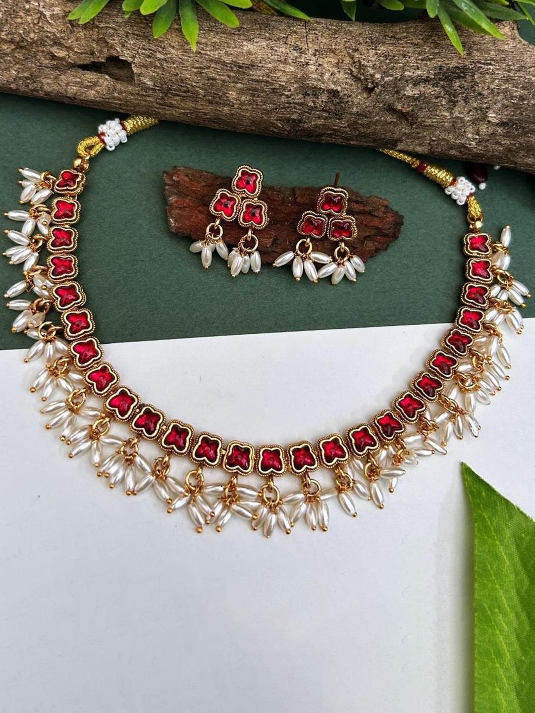 

GRIIHAM Gold-Plated American Diamond Stone Studded & Pearls Beaded Jewellery Set