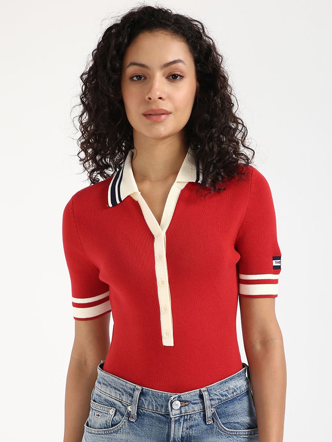 

Tommy Hilfiger Women Cotton Shirt Collar Fitted Top, Red