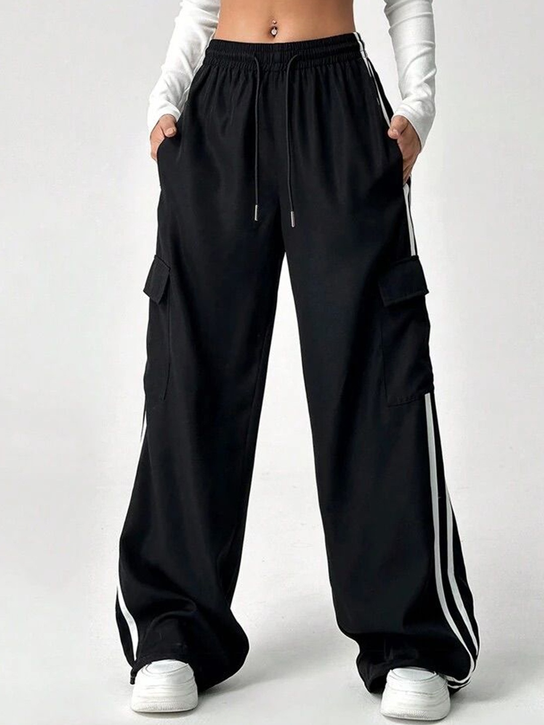 

SAAHASAM Women Striped Relaxed Loose Fit Trousers, Black