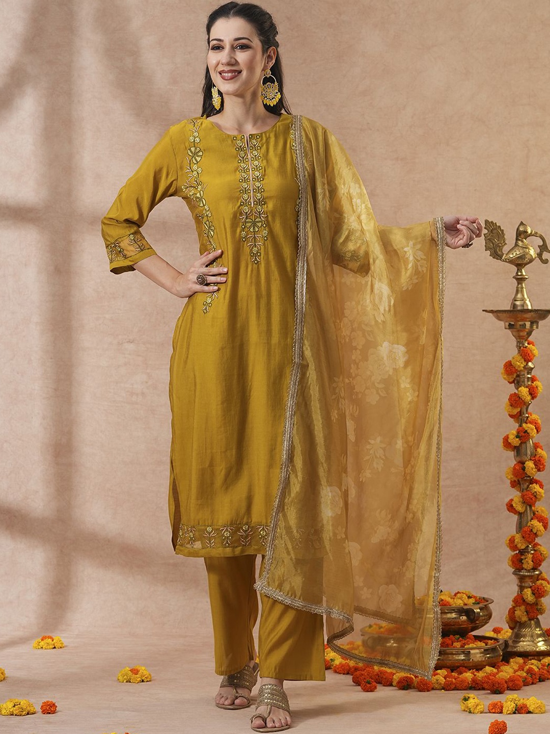 

FASHOR Ethnic Motifs Embroidered Regular Sequinned Straight Kurta with Trousers & Dupatta, Mustard