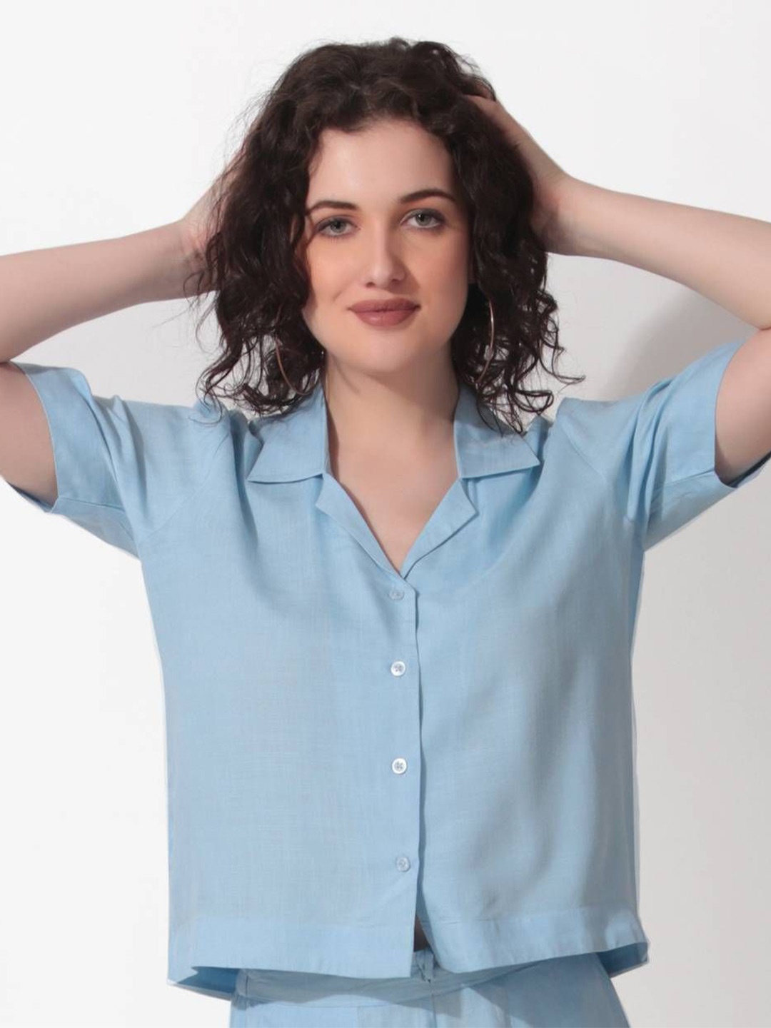 

Seryeon Women Slim Collar Cotton Boxy Crop Shirt, Blue