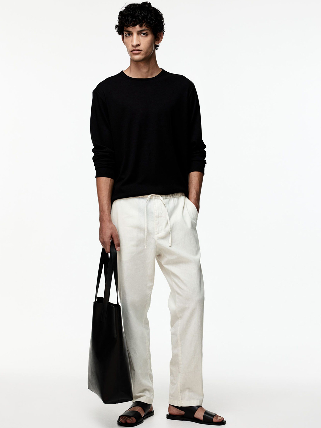 

H&M Regular Fit Linen-Blend Trousers, White