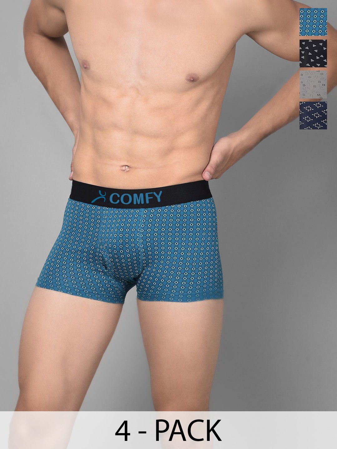 

AMUL COMFY Men Pack Of 4 Assorted Printed Short Trunks Comfy-Printed-Trunk-OE-4-95