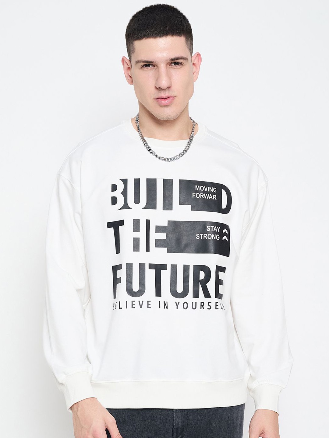 

Mast & Harbour Men Printed Round Neck Pullover Sweatshirt, White