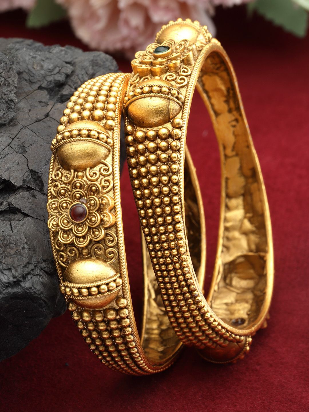 

PANASH Set Of 2 24 CT Gold-Plated Antique Bangles