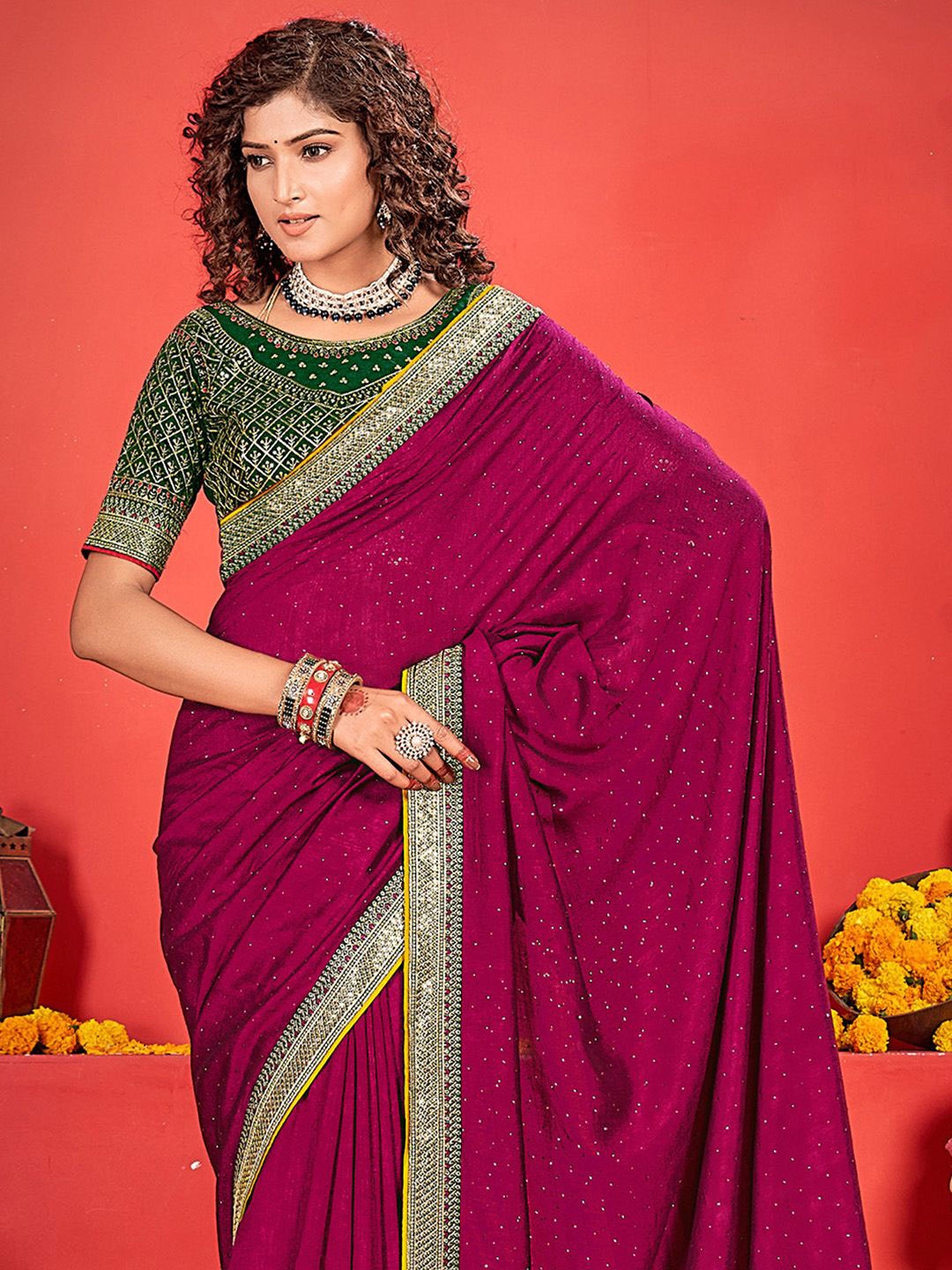 

Anouk Beads and Stones Embellished Saree, Pink