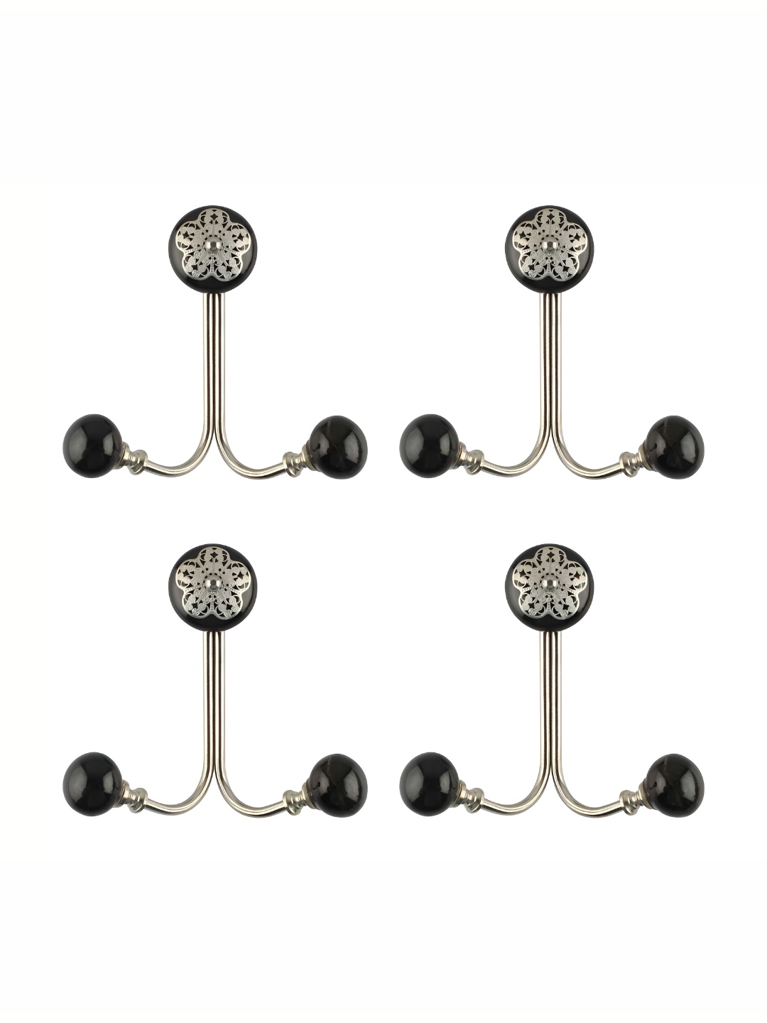 

IndianShelf Black & Silver-Toned Printed 4 Pieces Ceramic Wall Hooks