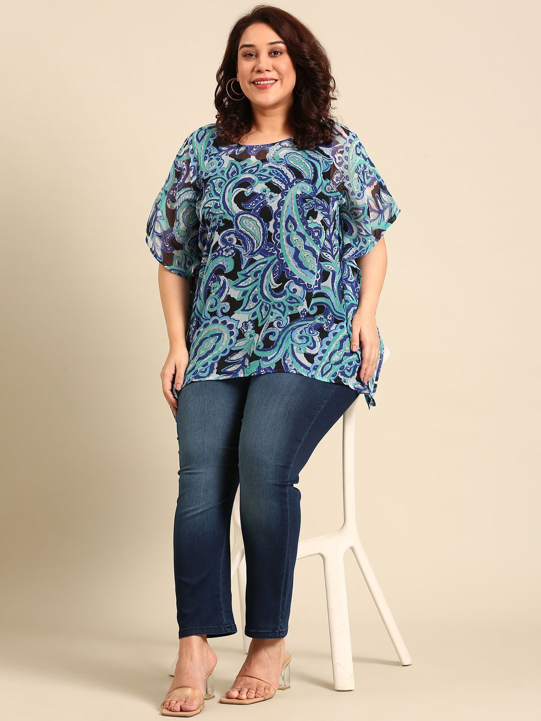 

The Pink Moon Women Plus Size Print Kimono Sleeve KaftanTop, Blue