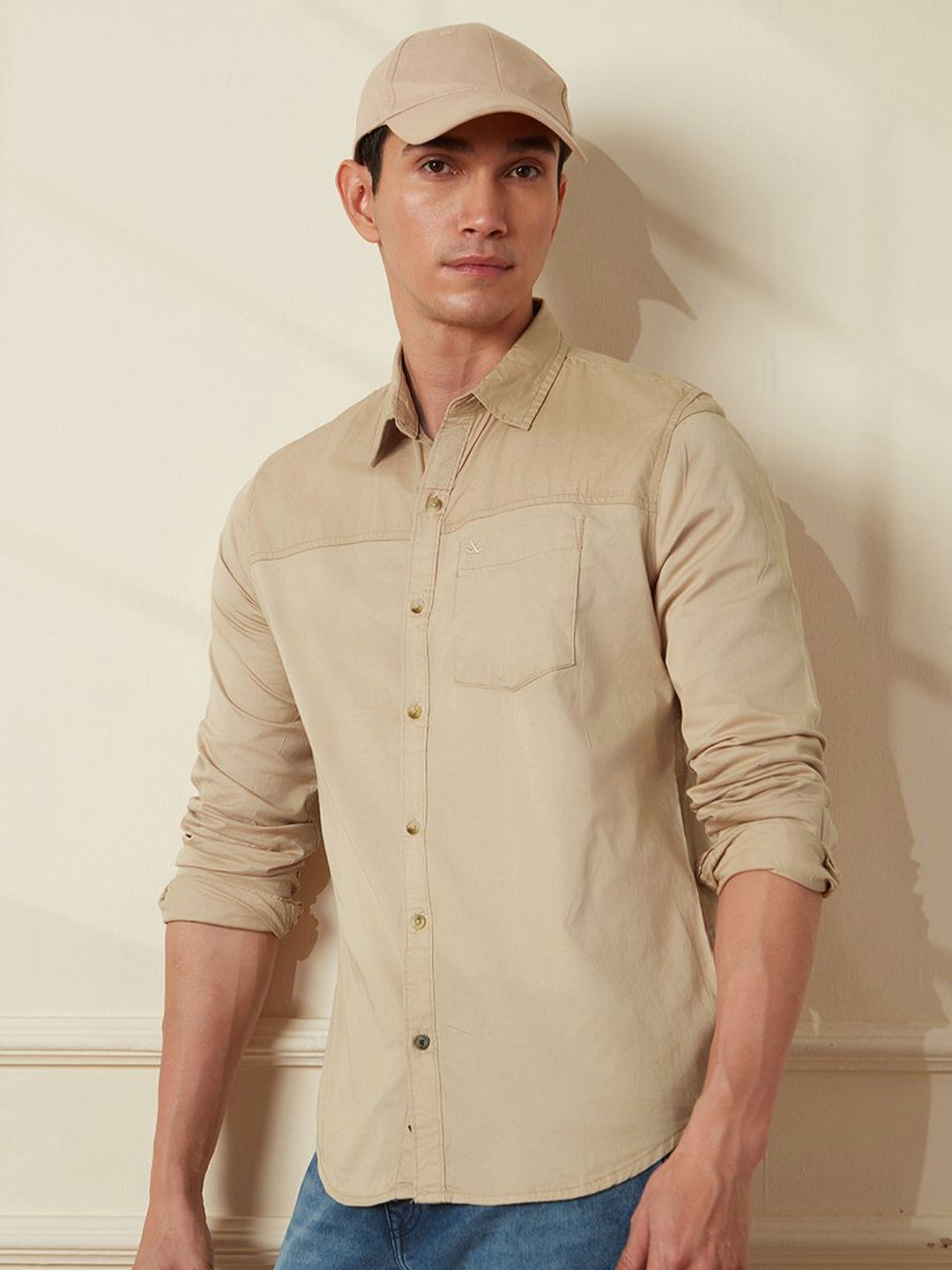 

WROGN Men Comfort Spread Collar Solid Cotton Casual Shirt, Khaki