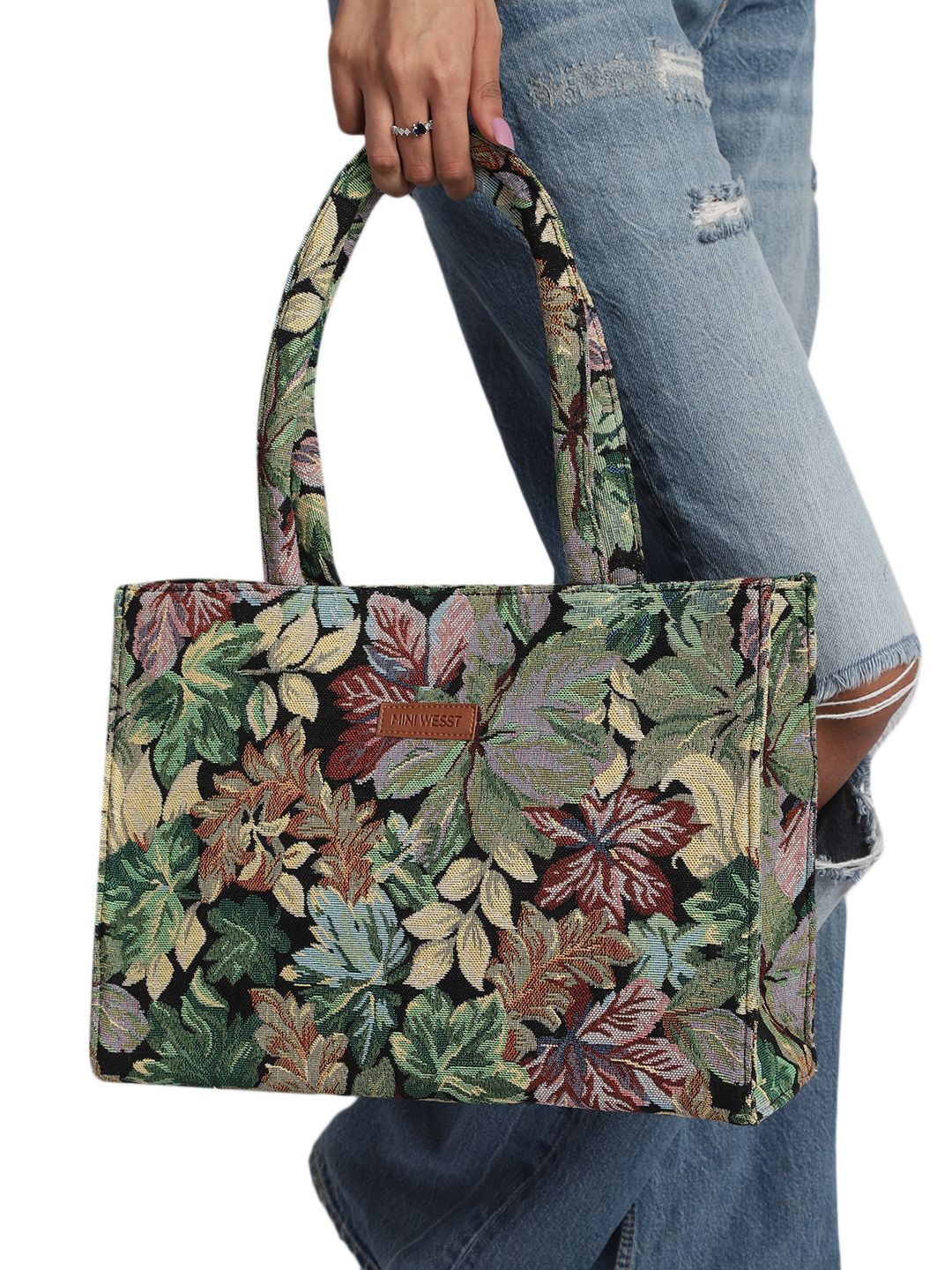 

MINI WESST Women Floral Printed Structured Handheld Bag, Green