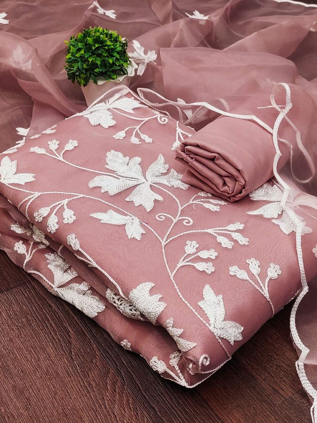 

APNISHA Floral Embroidered Thread Work Organza Unstitched Dress Material, Rose