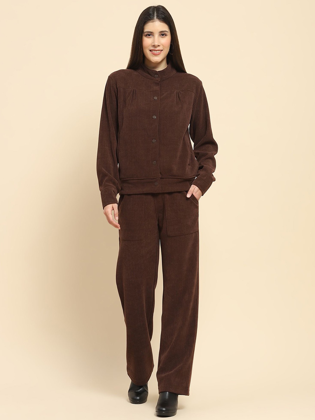 

Global Republic Self-Design Mandarin Collar Shacket With Trousers, Brown