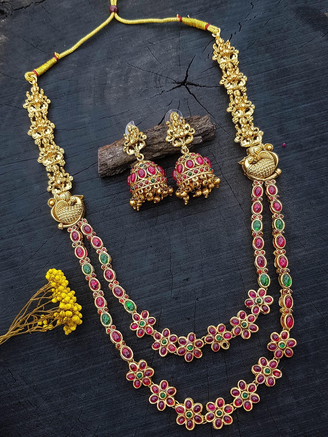 

GRIIHAM Gold-Plated Two Line CZ Studded Peacock Lakshmi Hara Jewellery Set