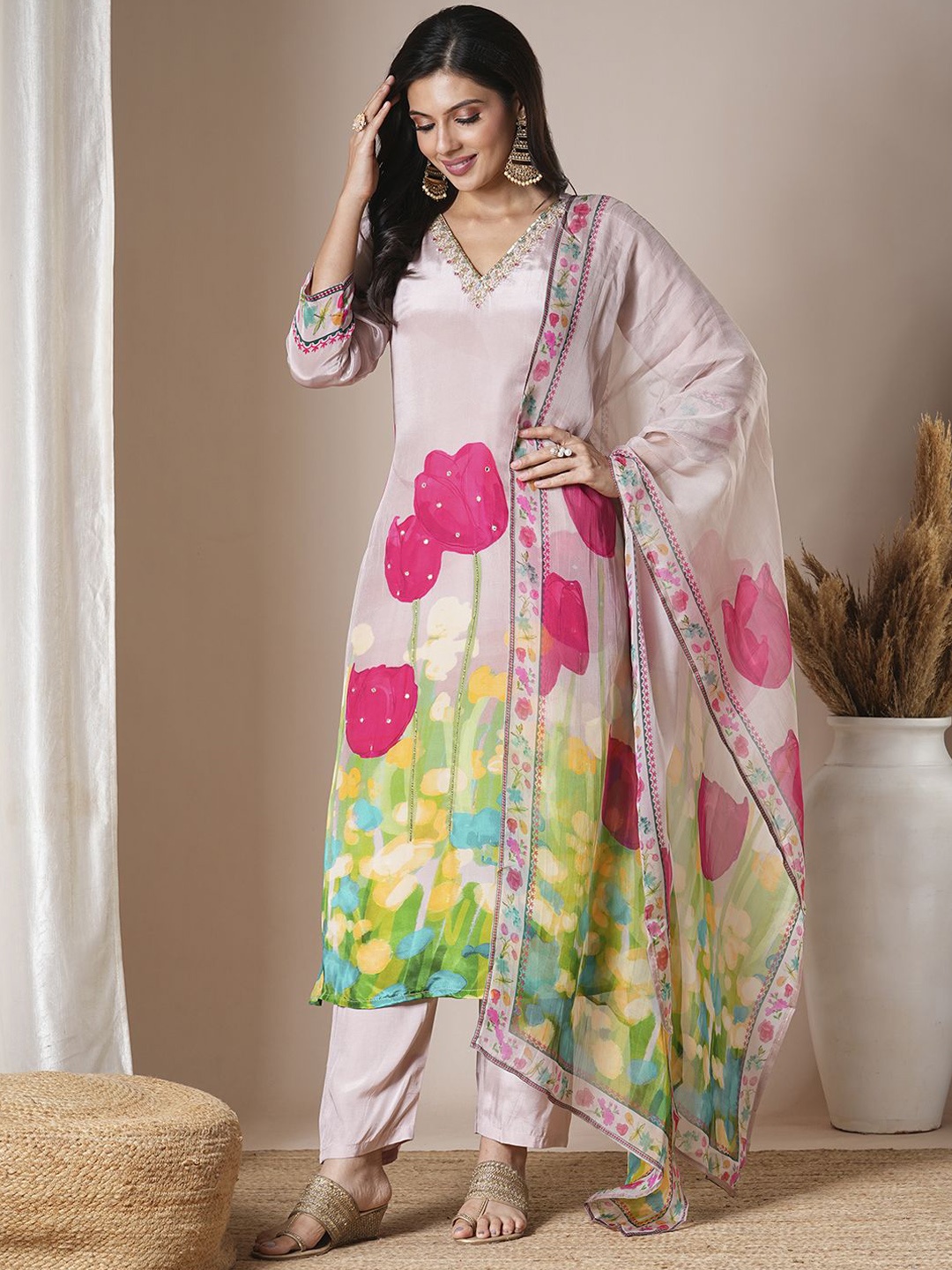 

FASHOR Floral Printed Straight Kurta with Trousers & Dupatta, Cream