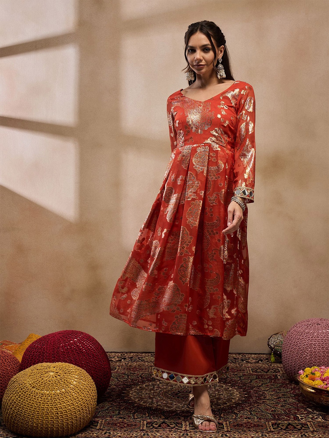 

MABISH by Sonal Jain V-Neck Ethnic Motifs Woven Design Mirror Work Kurta with Palazzos, Rust