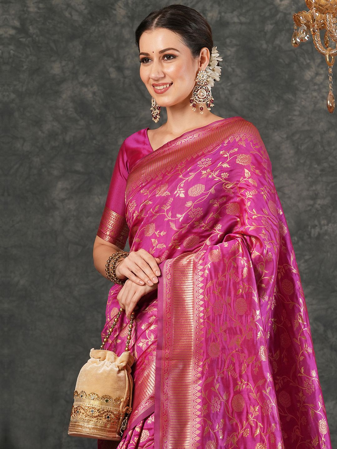 

KALINI Ethnic Motifs Zari Art Silk Banarasi Saree, Pink