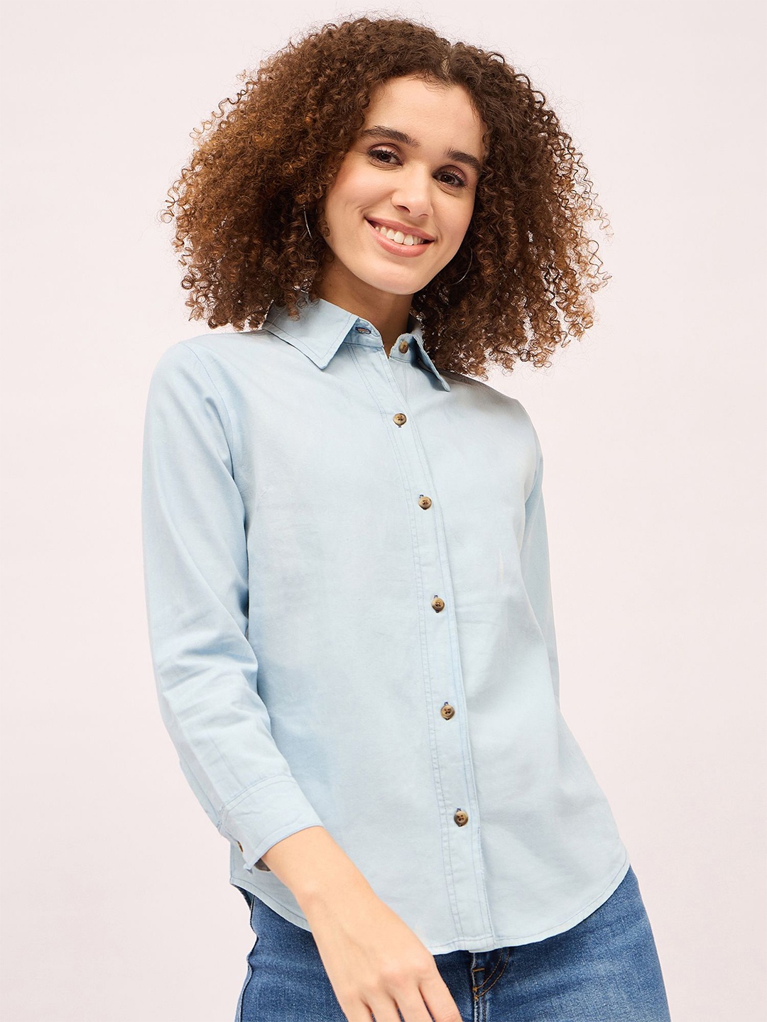 

Mayra Women Classic Spread Collar Solid Cotton Casual Shirt, Blue