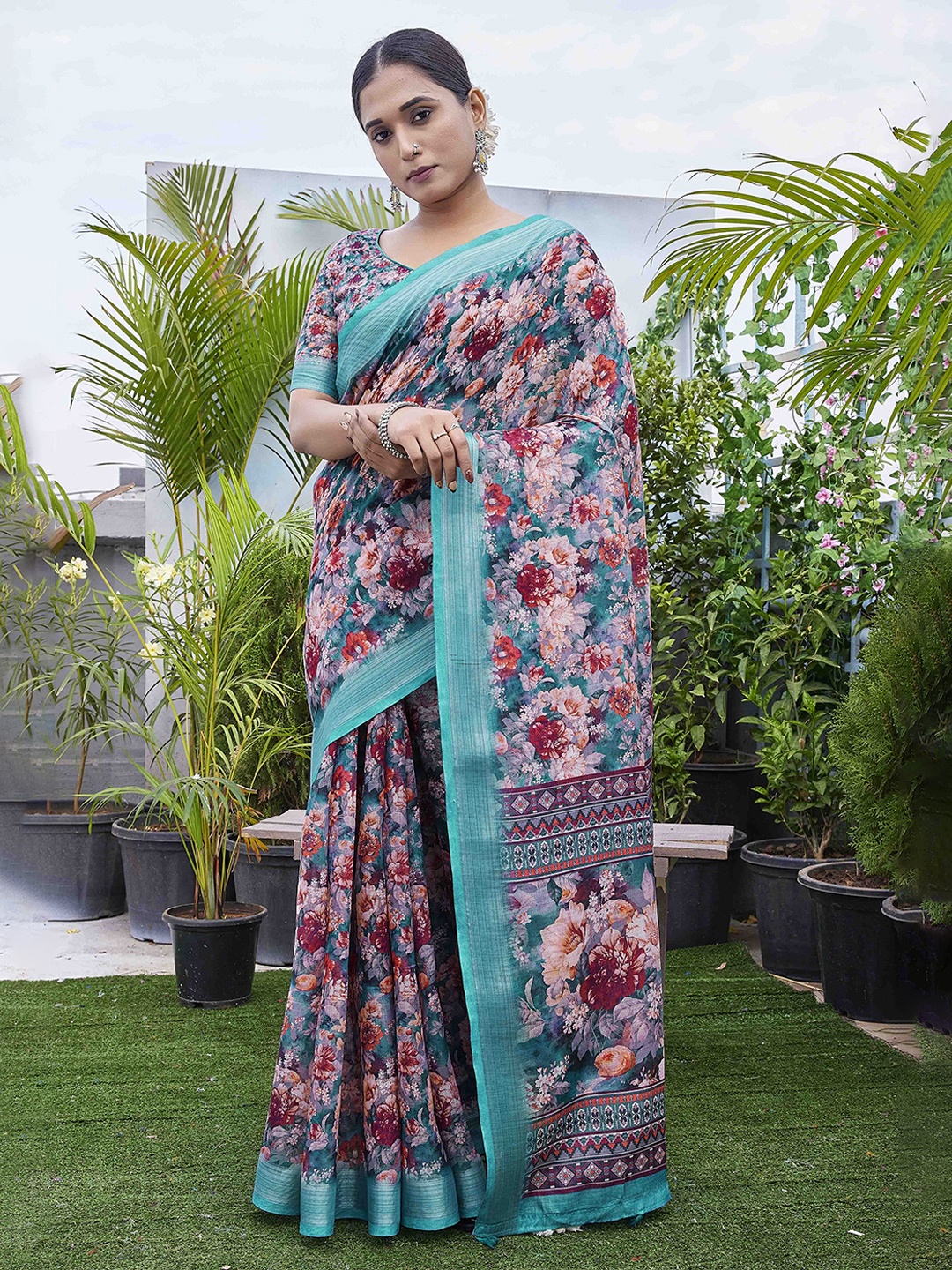 

KSM PRINTS Floral Printed Saree with Blouse Piece, Blue