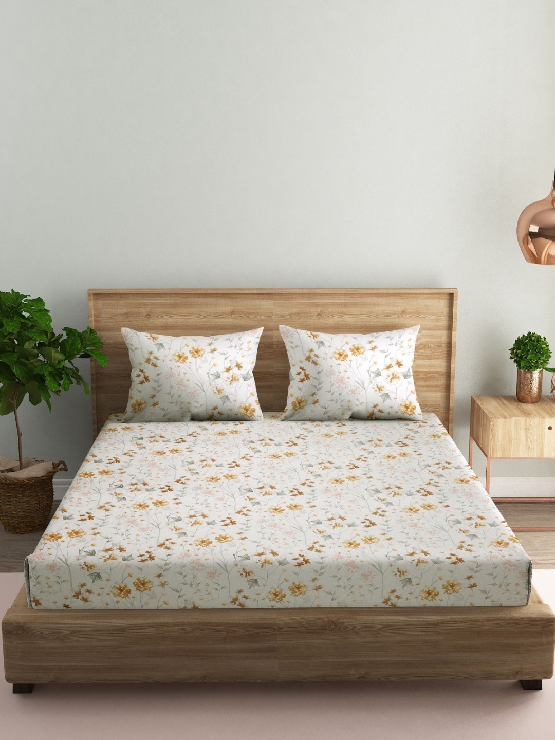 

MARK HOME Yellow Floral Cotton 144 TC Queen Bedsheet with 2 Pillow Covers-2.74 m x 2.23 m