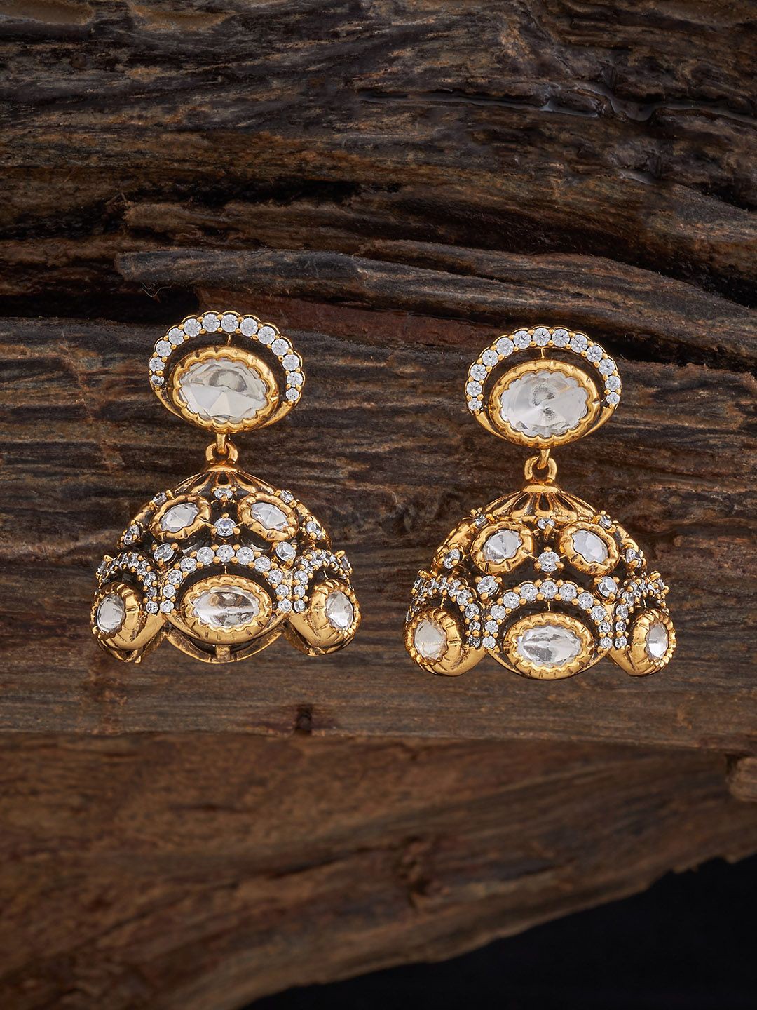 

Kushal's Fashion Jewellery Victorian Plated Kundan Studded Dome Shaped Jhumkas, Gold