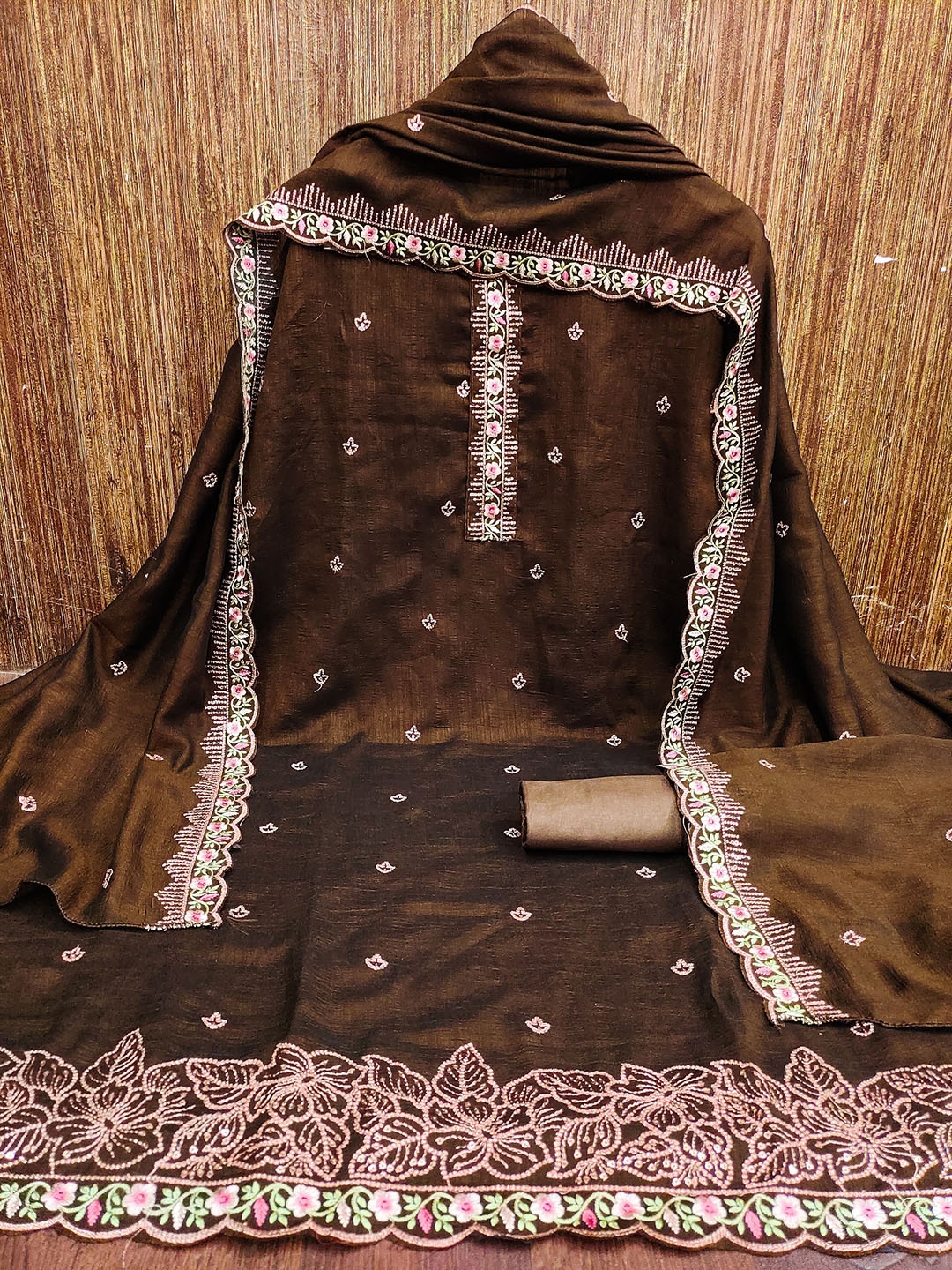 

Aika Floral Embroidered Pure Silk Unstitched Dress Material, Brown