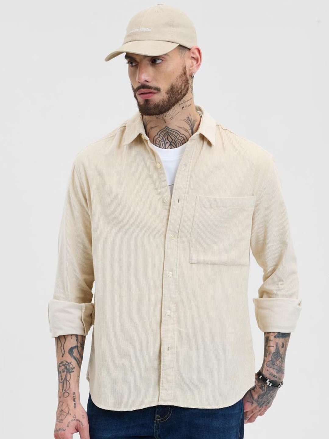 

Snitch Men Solid Spread Collar Shackets, Cream
