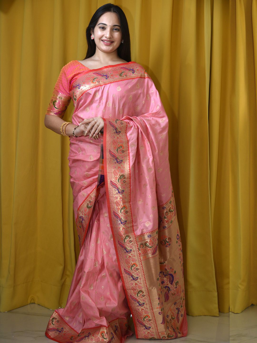 

Panzora Women Woven Design Zari Paithani Saree, Pink