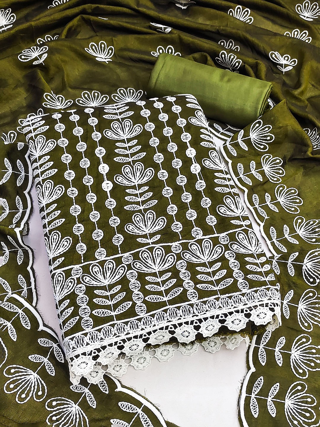 

Aika Ethnic Motifs Embroidered Pure Silk Unstitched Dress Material, Olive