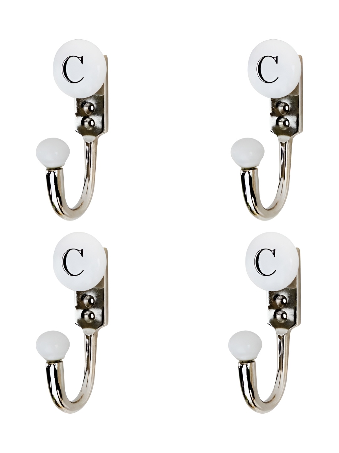 

IndianShelf White & Black 4 Pieces C Letter Printed Ceramic & Zinc Wall Hooks