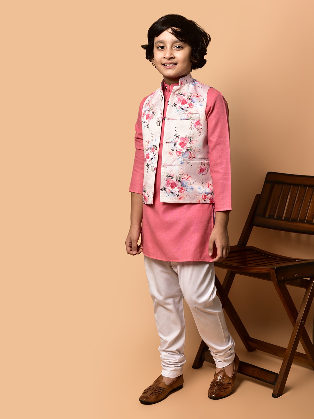 

PRINTINDIA Boys Mandarin Collar Regular Straight Kurta with Pyjamas, Pink