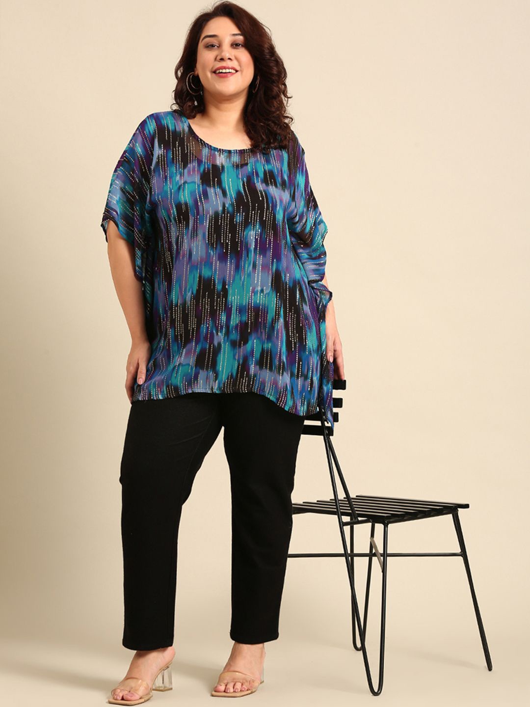 

The Pink Moon Women Kimono Sleeve Georgette Plus Size Kaftan Longline Top, Blue