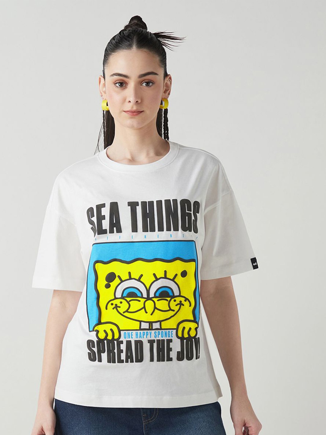 

Bewakoof Women Sponge Bob Graphic Printed Round Neck Cotton Oversized T-shirt, White