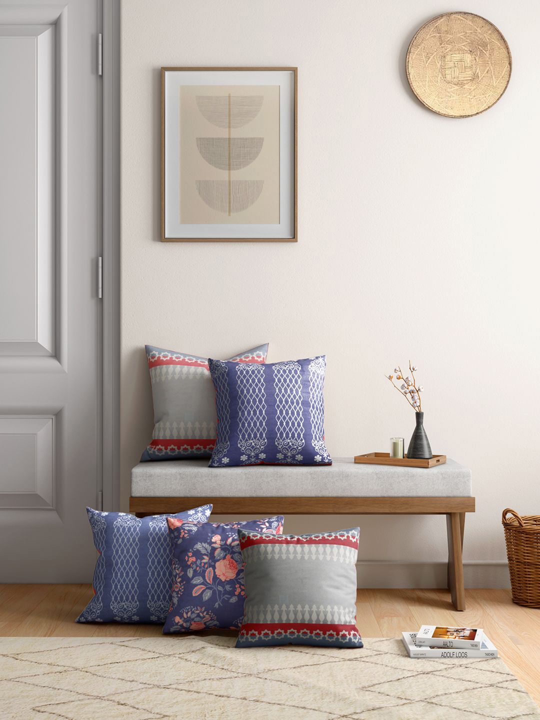 

India Circus by Krsnaa Mehta Navy Blue & Grey Set of 5 Floral Velvet Square Cushion Covers