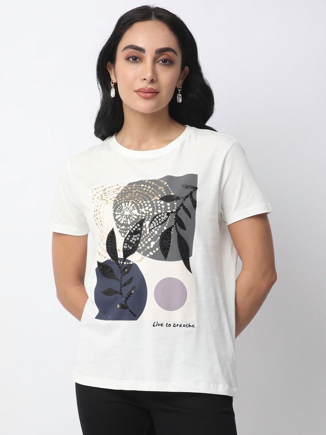 

R&B Women Graphic Printed Round Neck Cotton T-shirt, White