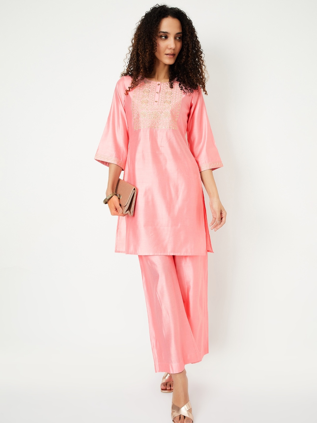

max Women Yoke Design Regular Thread Work Kurti with Trousers, Coral