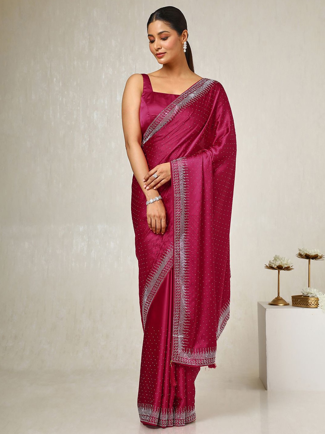 

Soch Embellished Beads and Stones Satin Saree, Pink