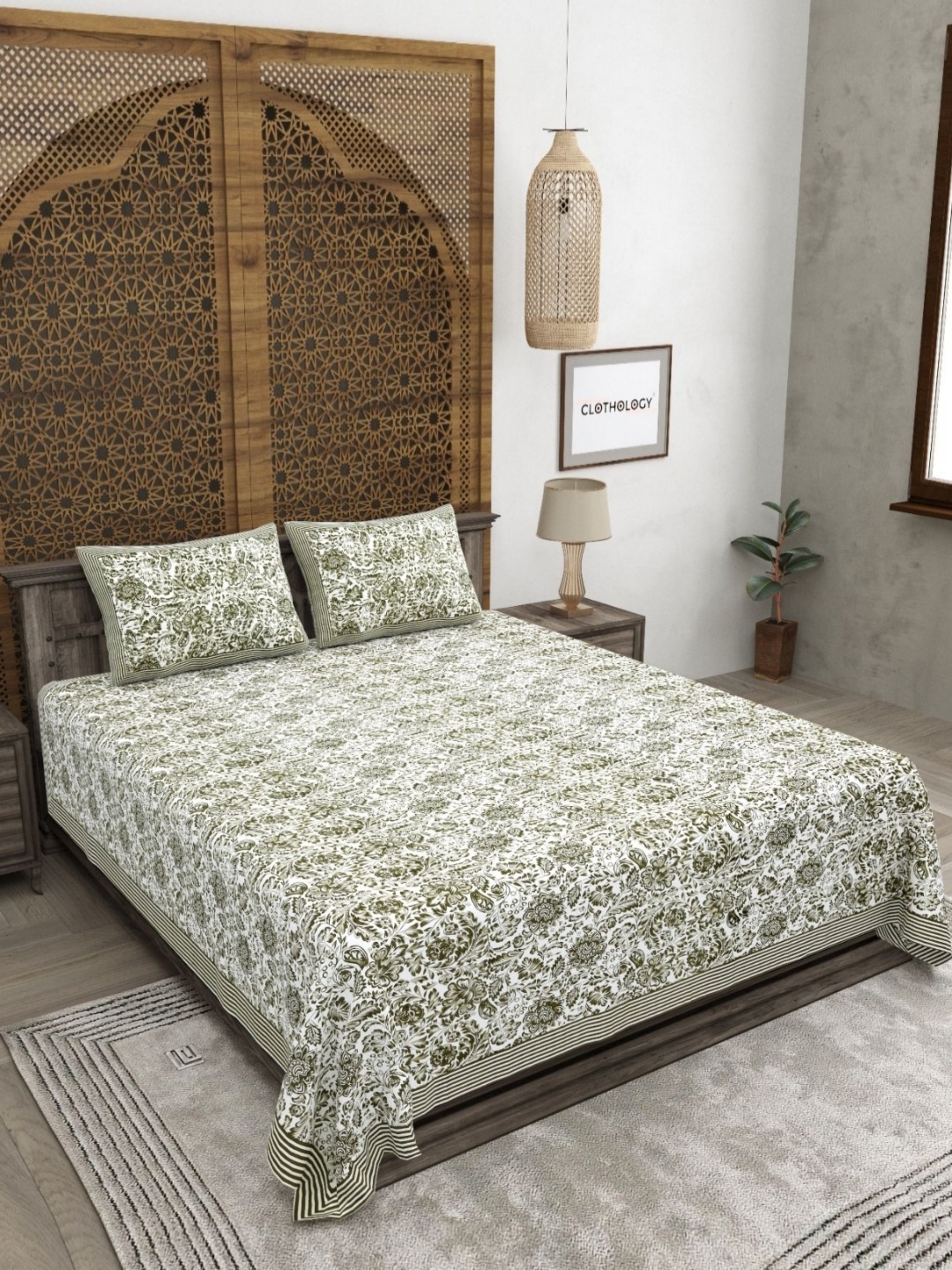 

CLOTHOLOGY Green & White Floral Printed Pure cotton 180 TC King Bedsheet Set 2.75 x 2.25 m