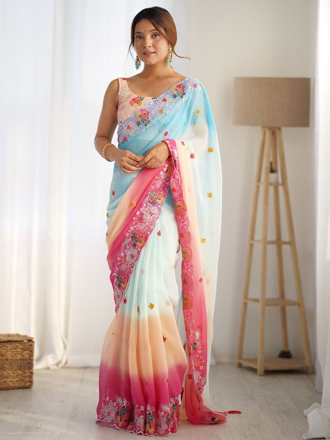 

KSM PRINTS Women Embellished Pure Georgette Saree, Blue