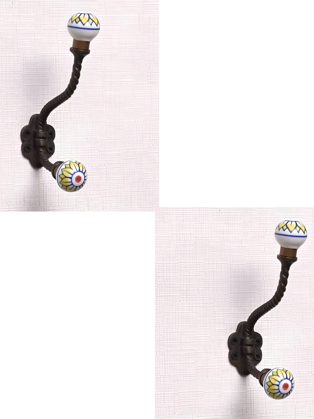 

IndianShelf White & Yellow 2 Pieces Printed Ceramic Wall Hooks