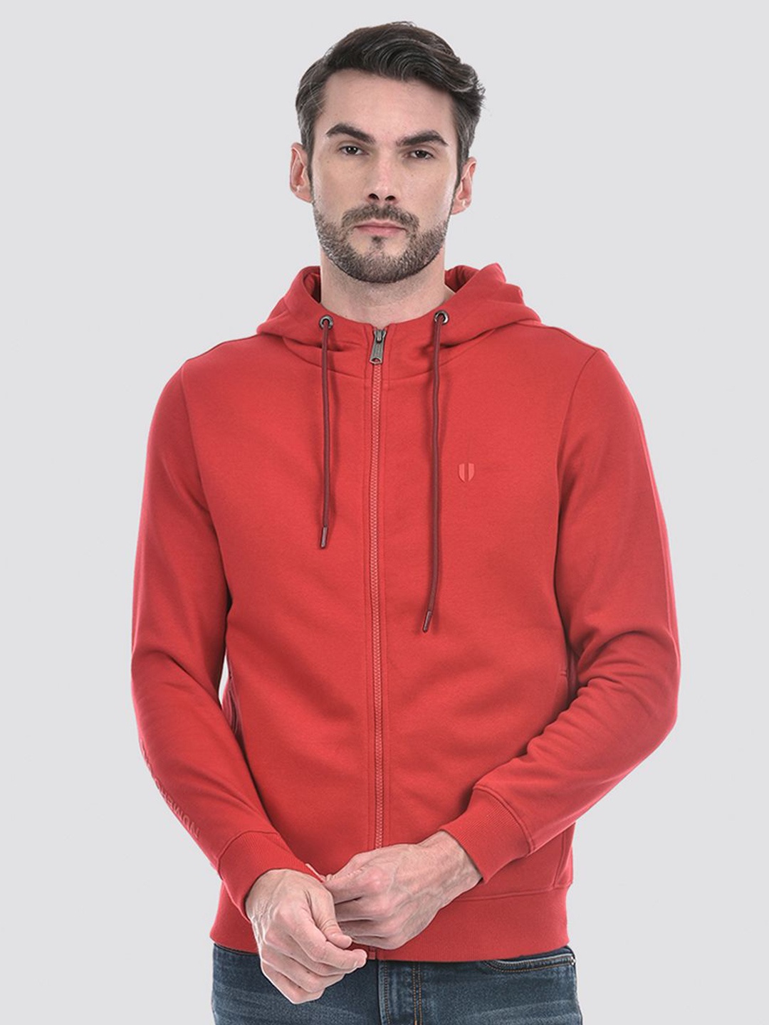 

Numero Uno Men Printed Hooded Front-Open Sweatshirt, Red