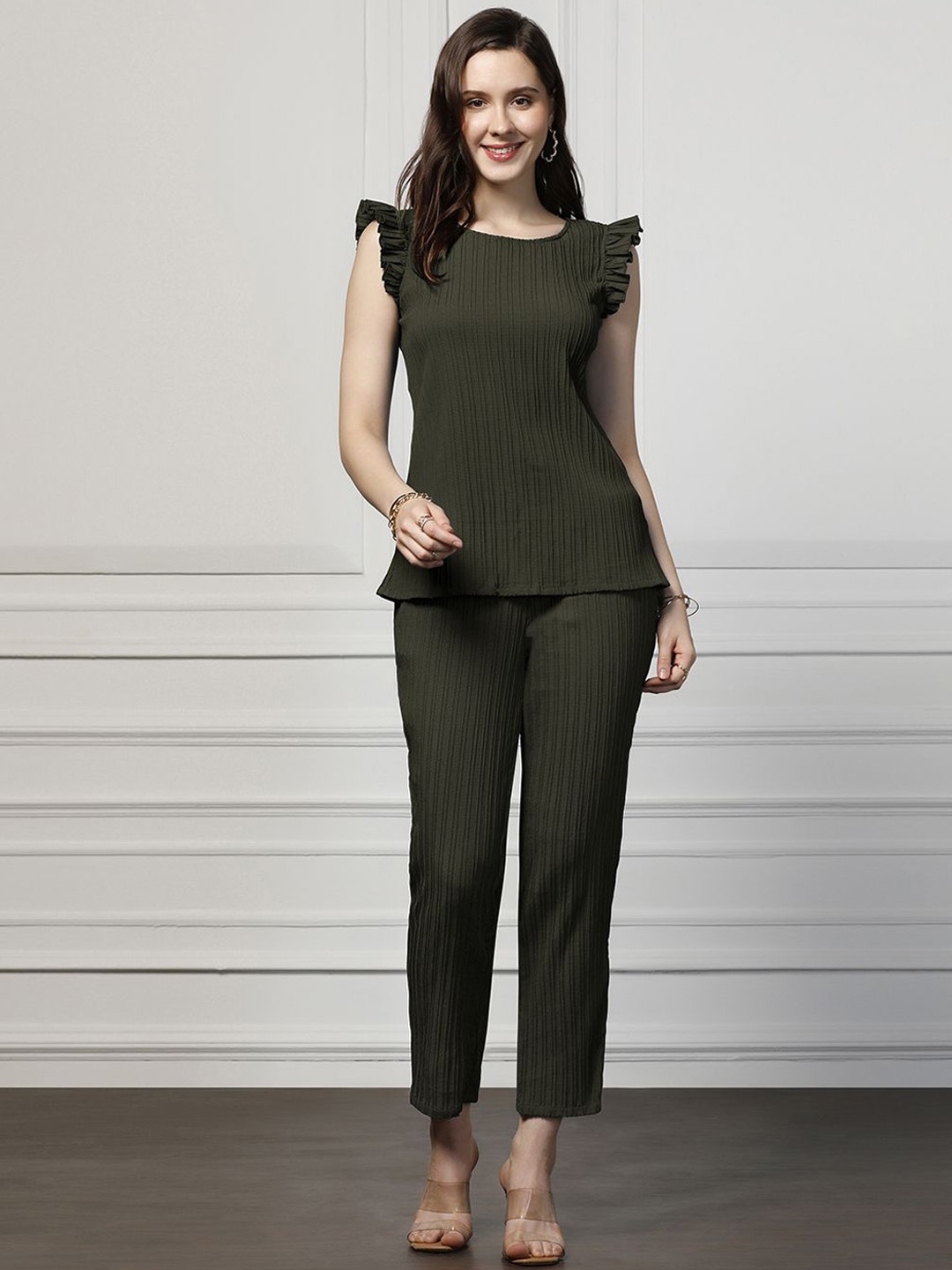 

Moda Rapido Olive Round Neck Top With Trousers