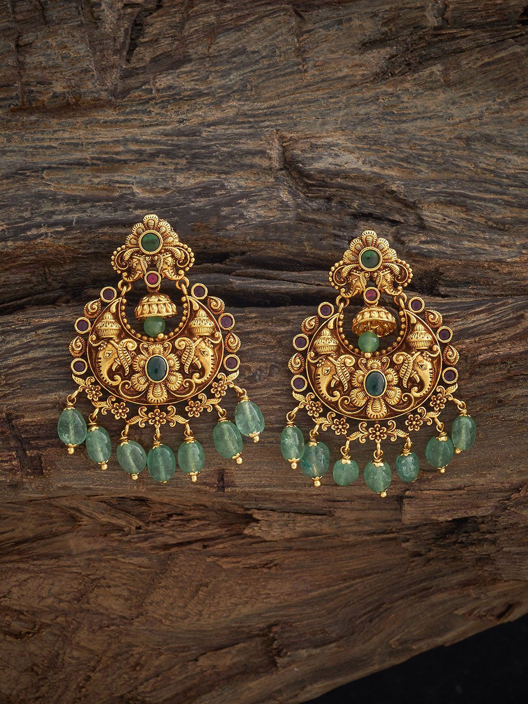

Kushal's Fashion Jewellery Gold Plated Ruby Studded Crescent Shaped Chandbalis, Red