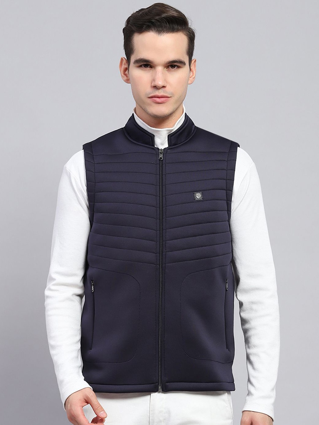 

Monte Carlo Men Mock Collar Solid Casual Sporty Jacket, Navy blue