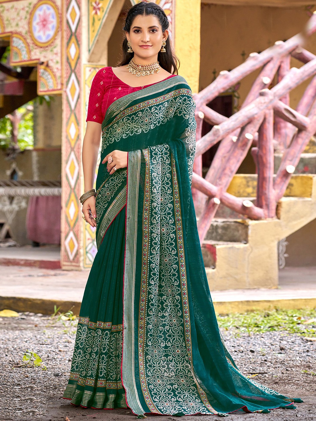 

Saree mall Bandhani Printed Saree, Green